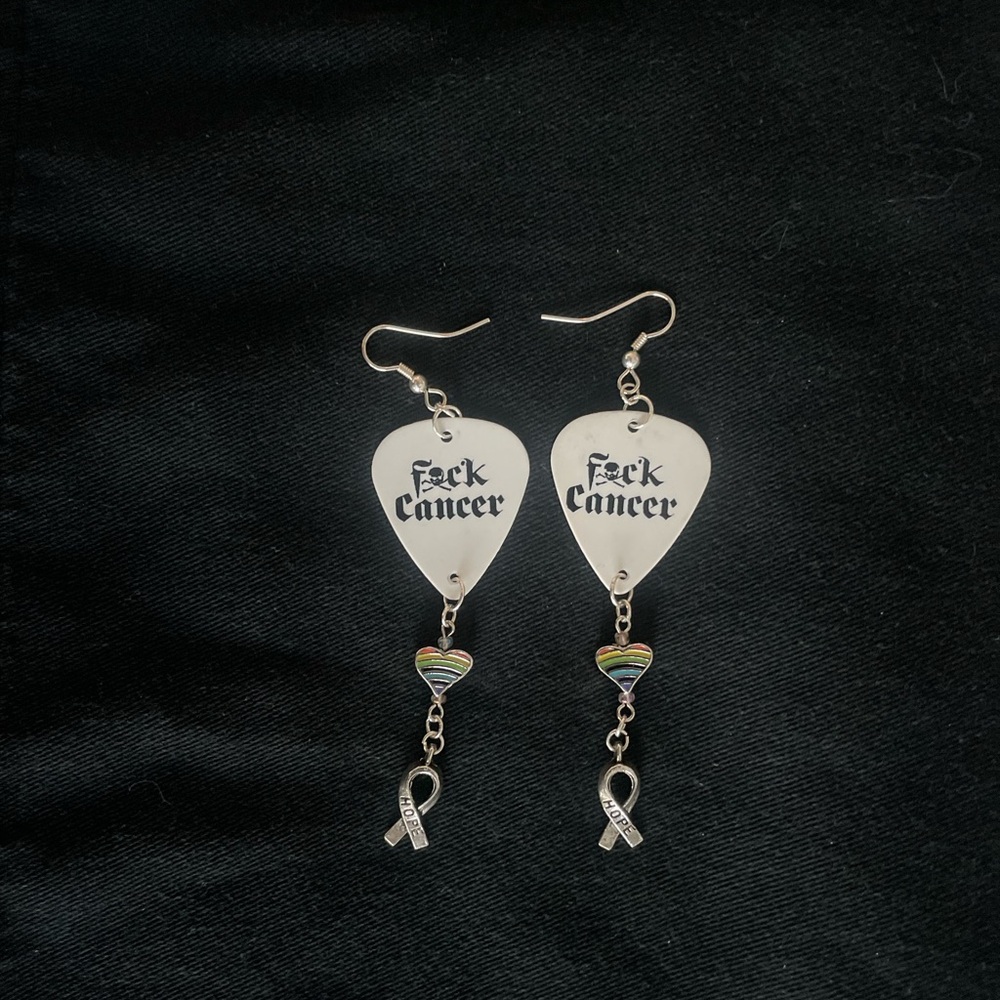 Silver Cancer Awareness Earrings with Heart and Ribbon